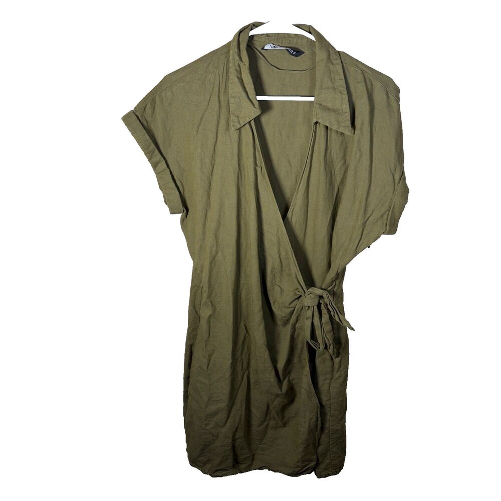 Zara Romper Women's Medium Green Faux Wrap Dress One Piece Collared Summer